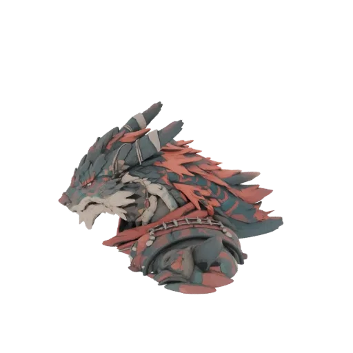 3D model of a dragon head bust with teal and orange clay-like texture, featuring sharp teeth and horns.