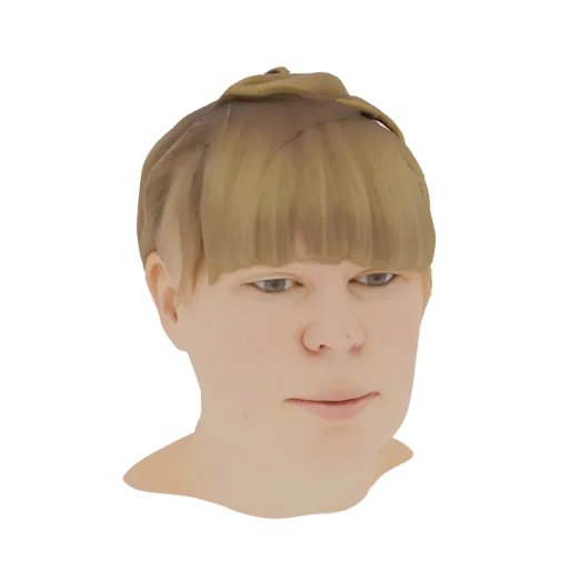 Front view of an AI-generated 3D model of a human head with blonde hair styled in bangs, looking slightly to the side.