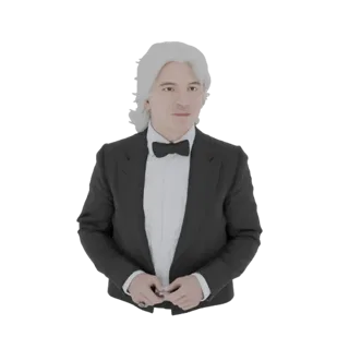 Modelo 3D de Dmitri Hvorostovsky con esmoquin negro y pajarita, camisa blanca y cabello gris claro.