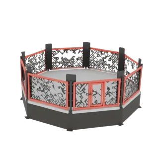Modello 3D di un'arena da combattimento ottagonale con struttura grigio scuro, bordo rosso e muri a motivi astratti.