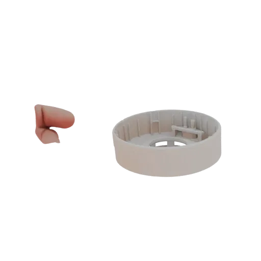 3D model of a circular housing unit with a detailed internal structure, shown against a white background.