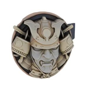 3D model of a Samurai mask buckle with a fierce expression and detailed helmet, rendered in a bone-like texture.