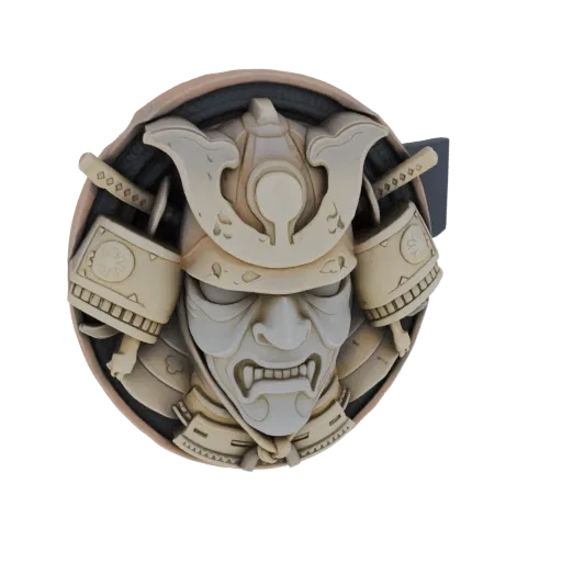3D model of a Samurai mask buckle with a fierce expression and detailed helmet, rendered in a bone-like texture.