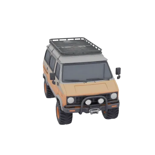 3D model of a rugged orange and grey off-road camper van with a roof rack and bull bar, set against a black background.