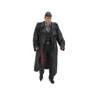 3D-Modell eines Mannes in einem schwarzen Trenchcoat, der steht und nach vorne blickt.