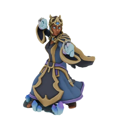 3D-Modell einer mystischen Zauberin in blau-goldener Robe, mit königlichem Kopfschmuck und leuchtenden Kristallakzenten an Hä