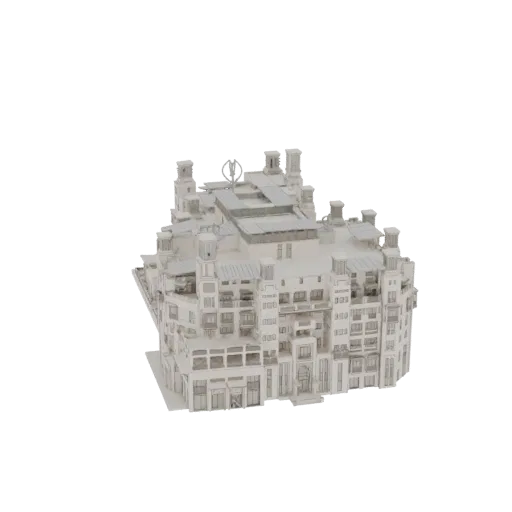 3D model of a detailed, modern multi-story building with balconies and numerous windows, presented against a black background