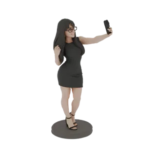 Modelo 3D de mulher de vestido preto segurando um telemóvel e tirando uma selfie, em pé sobre uma base circular.