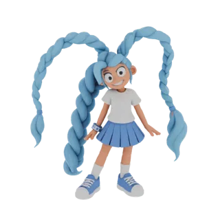 3D model of a stylized anime girl with large eyes and long, flowing blue braids, wearing a white t-shirt and blue skirt.