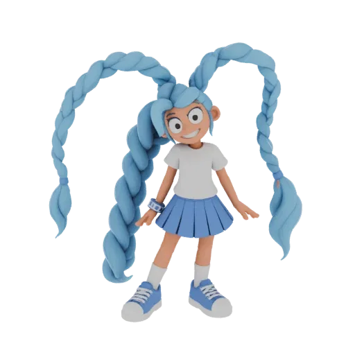 3D model of a stylized anime girl with large eyes and long, flowing blue braids, wearing a white t-shirt and blue skirt.