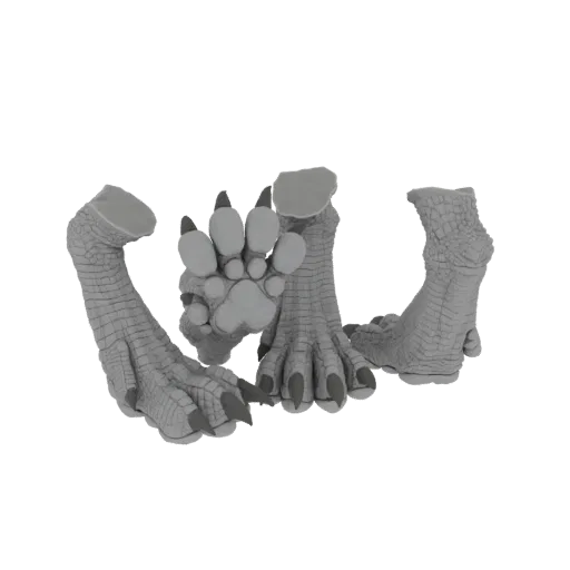3D render of three grey dragon paws with sharp claws and soft paw pads, presented against a black background.