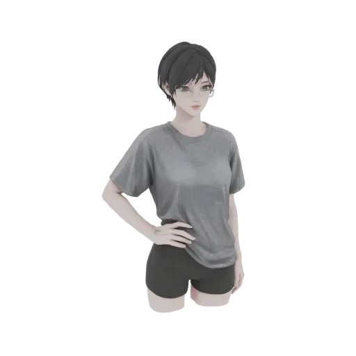 3D model of an anime girl with short black hair, glasses, grey t-shirt, and dark shorts, standing with one hand on her hip.