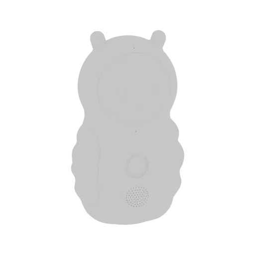 A 3D render of a cute, gray, owl-shaped baby monitor with a friendly face and speaker grille, set against a black background.