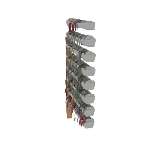 3D model of a rack with multiple colorful clothes hangers hanging