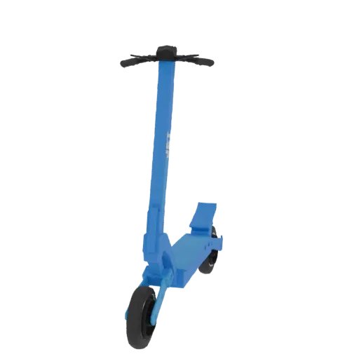 A 3D model of a blue electric scooter with black handlebars and wheels, shown against a white background.