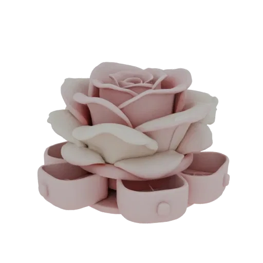 3D model of a blooming pink rose jewelry box organizer with drawers, in soft pastel colors.