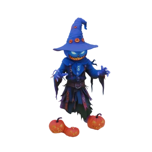 A 3D render of a spooky blue pumpkin scarecrow wearing a jack-o'-lantern hat and tattered clothes, with jack-o'-lanterns at i