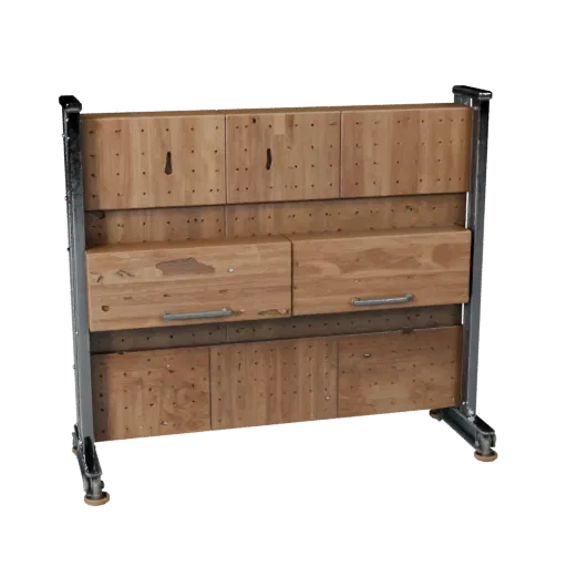 Garage Pegboard Wall Stylized 3D model, stylized isometric render, showing steel frames, stable fixtures.
