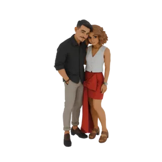 Modèle 3D d'un couple en tenue casual chic, un homme en chemise sombre et pantalon gris, une femme en gilet blanc et jupe rou