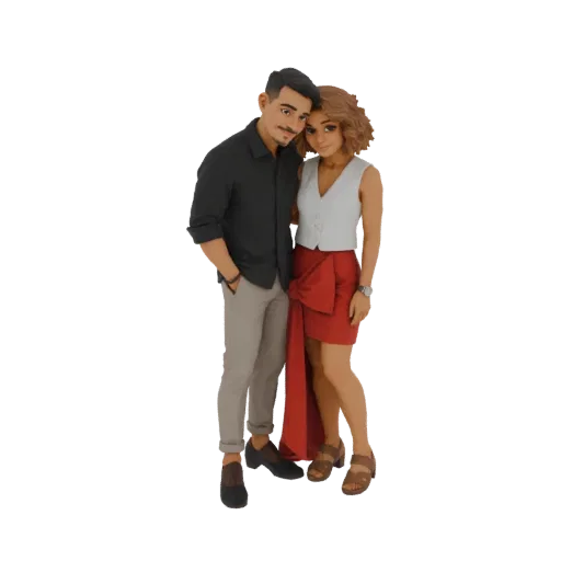 Modèle 3D d'un couple en tenue casual chic, un homme en chemise sombre et pantalon gris, une femme en gilet blanc et jupe rou