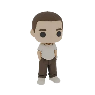 Modèle 3D d'un personnage masculin en tenue décontractée, style figurine Funko Pop, avec une grande tête et des traits simpli