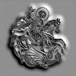 3D model of St. George the Victorious bas-relief, slaying a dragon, in engraving style.