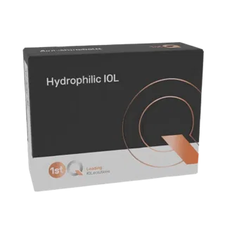 3D model of a 'Hydrophilic IOL' branded box with dark grey and white design and copper 'Q' logo.