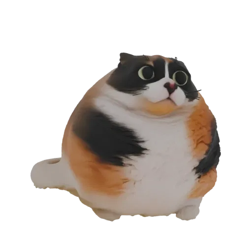 A 3D render of a very round calico cat with large, wide eyes and a slightly surprised expression, sitting against a black background.