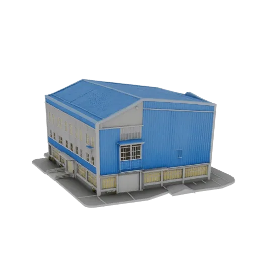 Modello 3D edificio industriale con tetto blu e pareti grigie, vista laterale