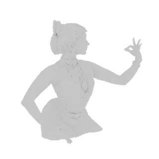 Ein weißes 3D-Modell einer klassischen indischen Tänzerin in anmutiger Pose, mit erhobener rechter Hand in einer Mudra.