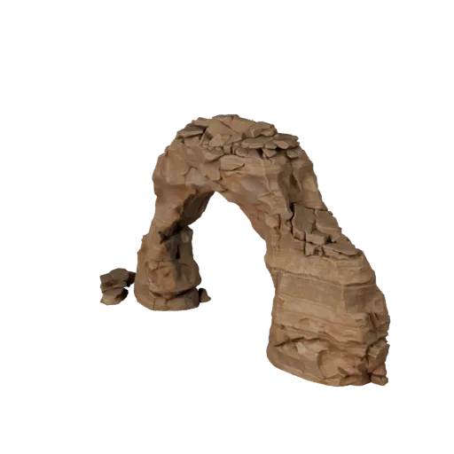 Sandstone Arch Rock Realistic 3D model, three-quarter environment render, showing stratified stone, dune ridges.