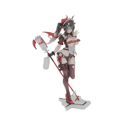 3D model of a devil maid anime character with red horns, black and red outfit, and a broom, posed dynamically on a base.
