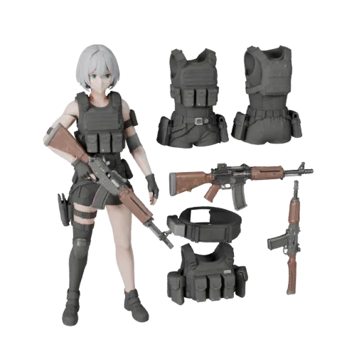 Personaggio 3D Soldato Anime, vista viewport motore, asset pronto per Unreal Engine con posa in piedi; fucile, armatura tatti