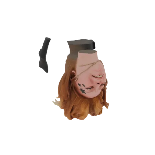 3D model of an upside-down clown head with red hair, star face paint, and a wide grin, against a white background.