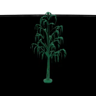 A stylized 3D model of a dark green weeping tree with drooping branches and a textured trunk, set against a black background.