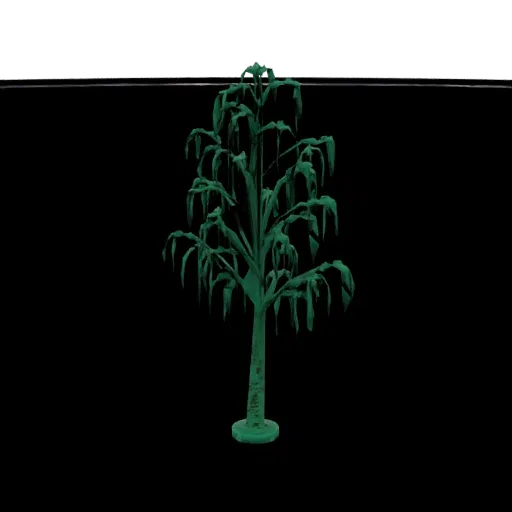 A stylized 3D model of a dark green weeping tree with drooping branches and a textured trunk, set against a black background.