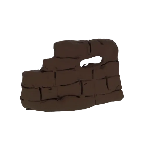3D-Modell eines verwitterten antiken Ziegelmauerabschnitts mit rauer Textur und einer kleinen unregelmäßigen Öffnung.