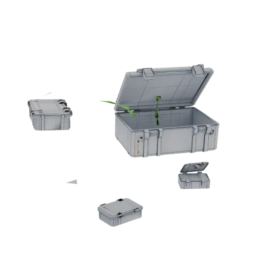 3D model of an open grey industrial storage case with two small green plants growing inside.