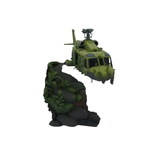3D model of a green, weathered helicopter crashed on a moss-covered rock formation with jungle plants.