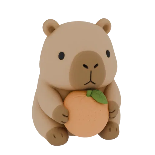 3D model of a cute, light brown capybara sitting and holding a round orange with a green leaf.
