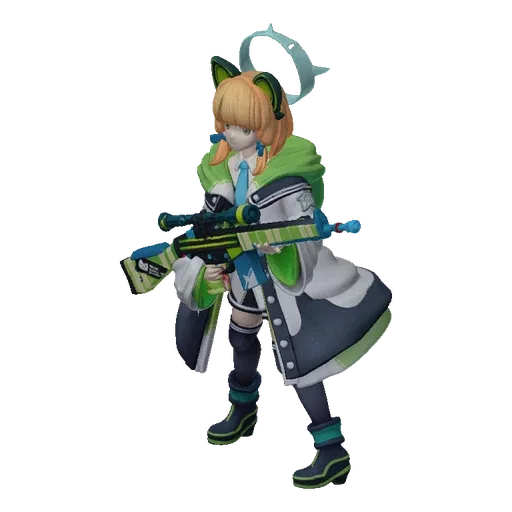 3D model of an anime girl with cat ears and a halo, holding a futuristic sniper rifle, rendered against a black background.