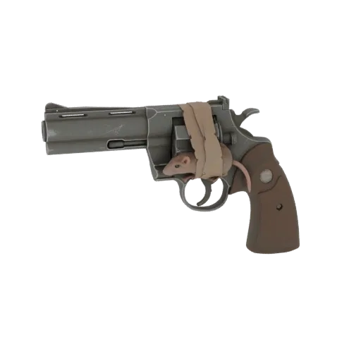 3D model of a weathered revolver with a small rat peeking out from the cylinder, wrapped in tan cloth.