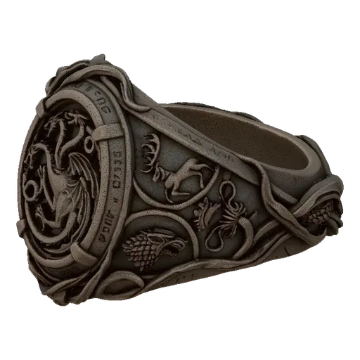 3D model of a detailed ring featuring a three-headed dragon sigil and lion emblems, presented on a black background.