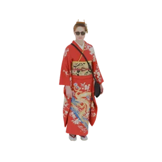 Modèle 3D femme kimono rouge motif dragon bleu et or, sur fond blanc.