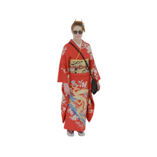 Modello 3D di una donna con kimono rosso e motivo drago blu e oro, su sfondo bianco.