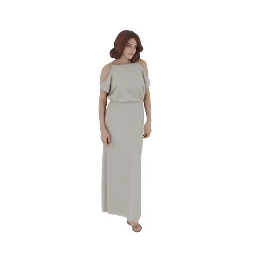 3D model of a woman wearing an elegant, light-colored maxi dress with cold shoulder design, standing against a black backgrou