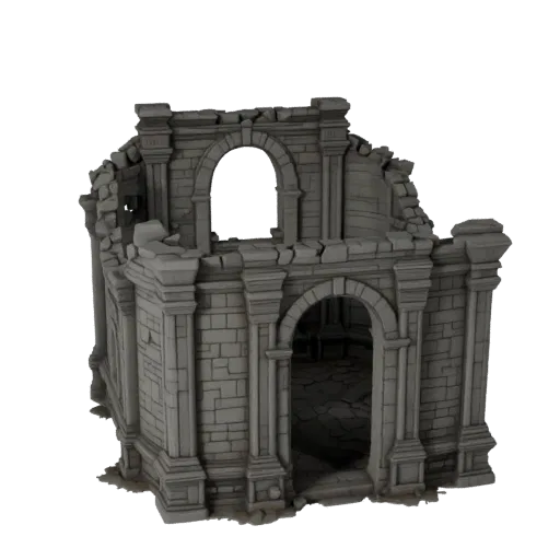 Abandoned Shrine Ruins Stylized 3D model, stylized isometric environment render, showing aged stone, built remnants.
