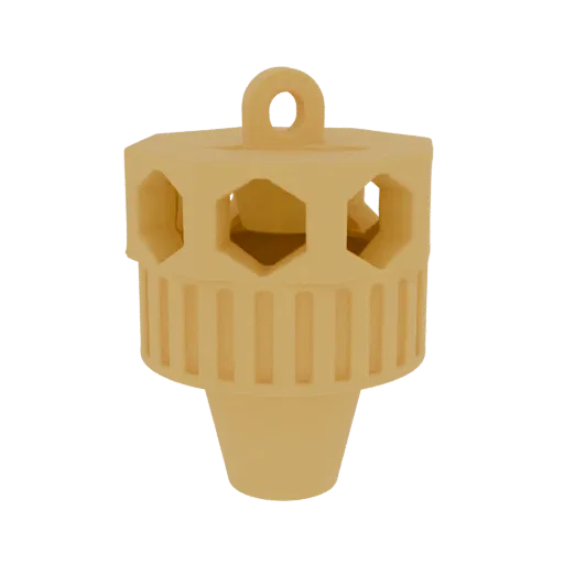 3D model of a hexagonal insect trap with honeycomb pattern and vertical fluting, shown against a white background.