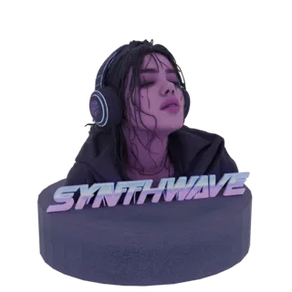 موديل ثلاثي الأبعاد لفتاة سينثويف بسماعات، مغمضة العينين، على قاعدة بشعار 'SYNTHWAVE'، معروضة بدرجات اللون الأرجواني والأزرق.