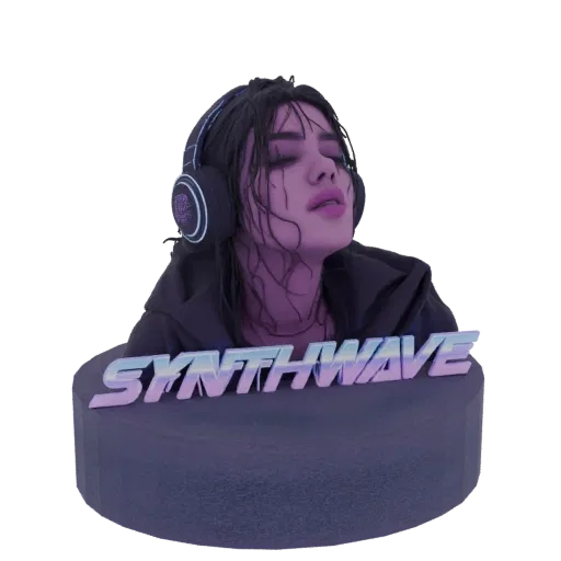 3D-Modell eines Synthwave-Mädchens mit Kopfhörern, geschlossenen Augen, auf einer Basis mit 'SYNTHWAVE'-Logo, in Lila- und Bl